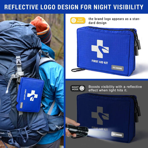 Grab And Go Compact Waterproof First Aid Kit With Nine Organized Compartments 300 Piece Emergency Supplies Set shown secured to backpack and with reflective logo.
