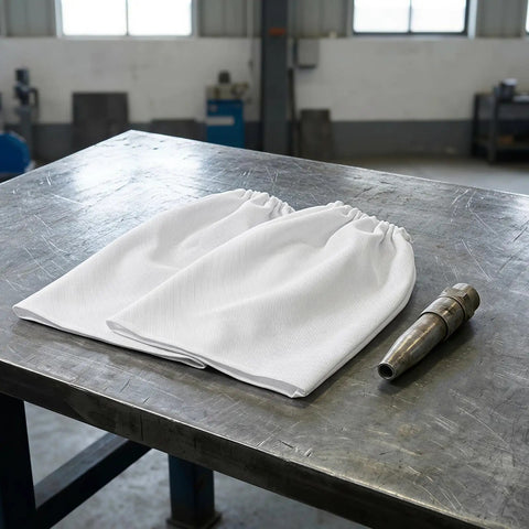 Heavy Duty Canvas Sandblast Sleeves For Sandblasting Cabinets Abrasion Resistant Arm Guard Workwear on a metal workbench.