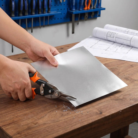 Person cutting Six Pack Flat Aluminum Sheets 7.87 x 7.87 Inch Thin Flexible Metal for DIY Craft Projects on wooden table