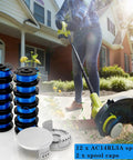 Person using cordless trimmer with 11Ft 0.065 Inch Trimmer Line Replacement Spool For Cordless Weed Eater Compatible With Ryobi One Plus AC14RL3A And 18V 24V 40V Models Beefy Durability Easy Load High Performance String For Lawn Care; showing 12 spools and 2 caps on lawn.