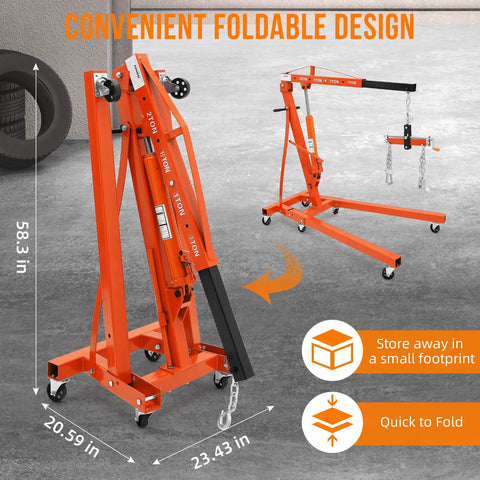 Heavy Duty Folding Engine Hoist 4000 Lbs Hydraulic Cherry Picker with foldable design and caster wheels for easy storage.