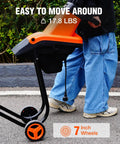 Person moving Beast 1800W Electric Wood Chipper Shredder For Yard Cleanup with 7-inch wheels, weighs 17.8 lbs, easy maneuverability.