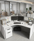 Boss Ready Three Seat Office Workstation Desk With Secure Locking Rolling Pedestal Designed For No Sweat Team Setup And Chill Collaboration Zones Daily with dual monitors and organized files.