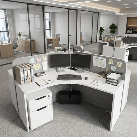 Boss Ready Three Seat Office Workstation Desk With Secure Locking Rolling Pedestal Designed For No Sweat Team Setup And Chill Collaboration Zones Daily with dual monitors and organized files.