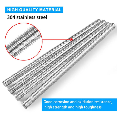 4 Pcs 3/8-16 Fully Threaded Rods 12 Inch Long 304 Stainless Steel Right Hand Threads Heavy Duty Threaded Rods For Assembly Fastening Corrosion Resistant