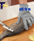 Level 9 ANSI A9 Beefy Cut Resistant Gloves With Stainless Steel Mesh And Metal Wire Construction For Meat Processing And Food Prep Heavy Duty Rustproof Hand Protection Medium Size, shown cutting fish