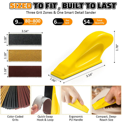 Premium Micro Sander Kit With 54 Pcs Detail Hand Sanding Block And 9 Grit Sandpapers 80 To 800 For Woodwork Furniture Tight Spaces And DIY Craft Projects, ergonomic handle and color-coded grits
