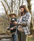 Two people using Two Pack Spincast Fishing Rod And Reel Combos With 5 Foot 6 Inch 2 Piece Fiberglass Rods Quickset Anti Reverse Reels