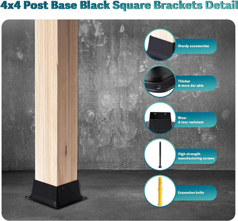 Beefy Heavy Duty 4x4 Post Base Brackets Set Of 2 In Black Powder Coat shown with wood post detailing sturdiness and durability