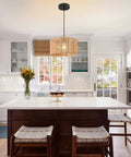 Woven Pendant Light Boho Chandelier With Hemp Rope and Rattan Elements, Rustic Farmhouse Vibe, in a Modern Kitchen Setting