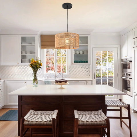 Woven Pendant Light Boho Chandelier With Hemp Rope and Rattan Elements, Rustic Farmhouse Vibe, in a Modern Kitchen Setting