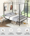 Full Size Metal Canopy Bed Frame With Modern Four Poster Silhouette And Sleek Headboard Matte Black Finish in stylish bedroom setting.