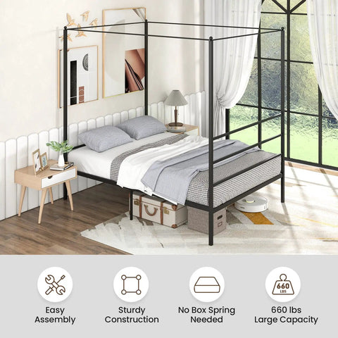 Full Size Metal Canopy Bed Frame With Modern Four Poster Silhouette And Sleek Headboard Matte Black Finish in stylish bedroom setting.