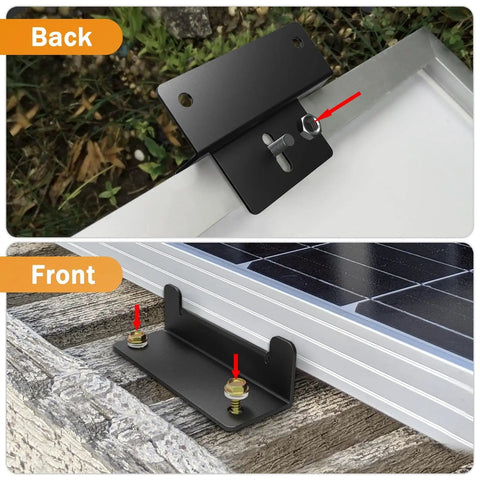 16 Piece Solar Panel Mounting Z Brackets Lightweight Aluminum Mounts For RVs Trailers Boats Vans And Campers The Go-To Roof Or Wall Solar Install For Mobile Power On The Go showing front and back view of Z brackets attached to solar panel frame