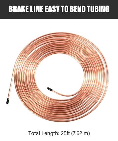 Coiled 25 Ft 3/16 Copper Nickel Brake Line Kit With Flexible Rugged Rustproof Copper Coated Tubing And 16 Inverted Flare Fittings