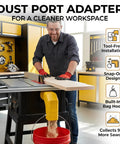 Table Saw Dust Collection Adapter For Miter Saws And Table Saws Tool Free Snap On Dust Port Built In Bag Hook Universal 2 Inch Port Easy Install Keeps Your Shop Clean And Dust Free installed on table saw