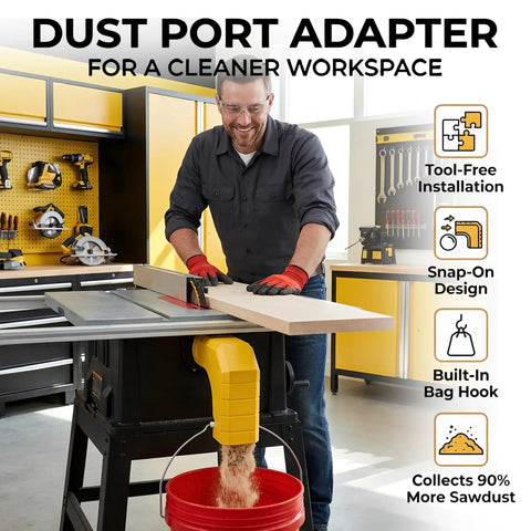 Table Saw Dust Collection Adapter For Miter Saws And Table Saws Tool Free Snap On Dust Port Built In Bag Hook Universal 2 Inch Port Easy Install Keeps Your Shop Clean And Dust Free installed on table saw