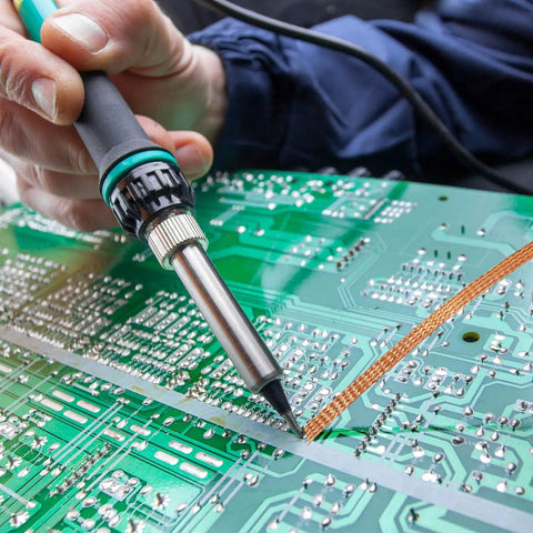No Clean Solder Braided Wick Set For Easy Desoldering in use on green PCB by technician with soldering iron.