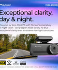 Pioneer VREC-Z820DC dash cam with 4K front and 1080p rear recording, AI ISP Starvis night vision, showing daytime road footage.