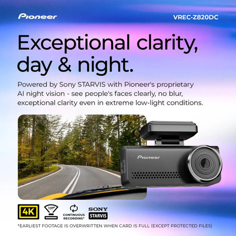 Pioneer VREC-Z820DC dash cam with 4K front and 1080p rear recording, AI ISP Starvis night vision, showing daytime road footage.