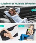 Collage showing Full Body Massage Pad For Bed With 10 Vibration Motors And 5 Massage Modes, used on a sofa, bed, and chair.