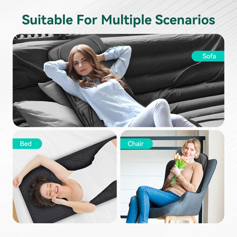 Collage showing Full Body Massage Pad For Bed With 10 Vibration Motors And 5 Massage Modes, used on a sofa, bed, and chair.