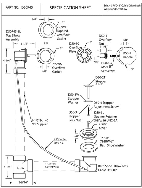 45 Inch Cable Drive Bath Drain Trim Kit With Rotary Overflow Cover Knob Pop Up Stopper And Schedule 40 PVC Fittings In Polished Chrome No Fuss For Modern Bathrooms specification sheet diagram