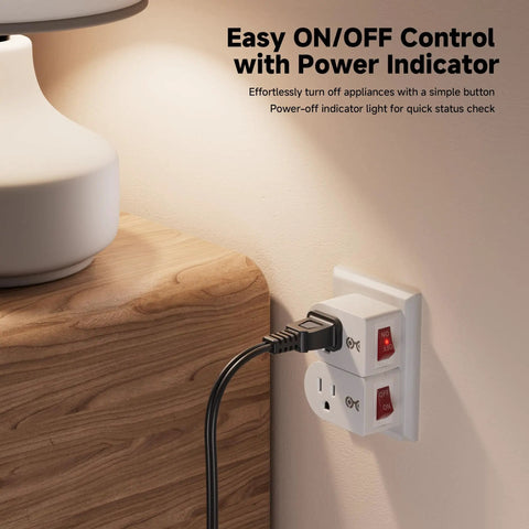 No Sweat Setup Real Deal Grounded Outlet Switch 3 Pack White Wall Power Control Toggle With Glowing Status Indicator Light For Quick Home Energy Savings And Total Peace Of Mind plugged into a bedside outlet.