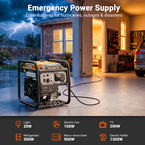Beefy 4400 Watt Open Frame Inverter Generator for home backup with 30A outlet, shown in use during storm, garage setting