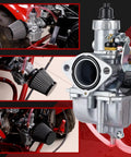 26mm Performance Carburetor Beefed Up For 212cc 224cc 196cc Engines And GX160 GX200 6.5HP Coleman CT200U BT200X KT196 Mini Bike Go Kart With 38mm Red Air Filter And Intake Manifold Kit Black with detailed views from different angles.