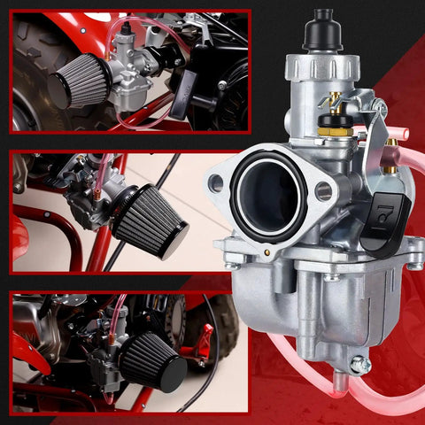 26mm Performance Carburetor Beefed Up For 212cc 224cc 196cc Engines And GX160 GX200 6.5HP Coleman CT200U BT200X KT196 Mini Bike Go Kart With 38mm Red Air Filter And Intake Manifold Kit Black with detailed views from different angles.