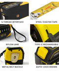 No Fuss 8-In-1 Laser Tape Measure With 328 Ft Rangefinder And 16 Ft Auto Lock Tape showing features like metal buckle, Nylon lane and steel tape.