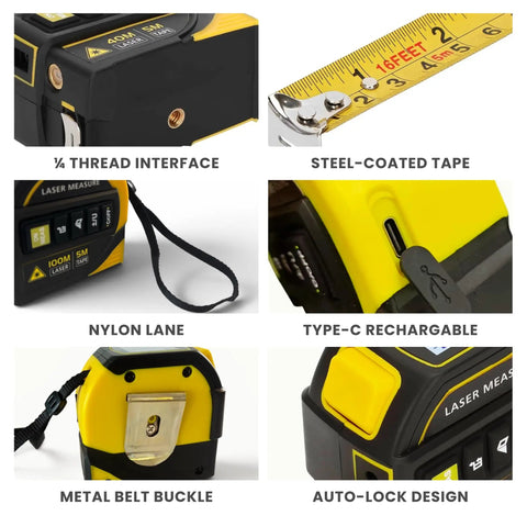 No Fuss 8-In-1 Laser Tape Measure With 328 Ft Rangefinder And 16 Ft Auto Lock Tape showing features like metal buckle, Nylon lane and steel tape.