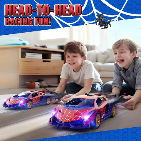 Children playing with Spider Themed Remote Control Car With Dope Multicolor Flashing Lights Drift RC Toy For Kids Ages 3 Through 12