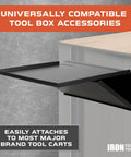 Universal Tool Box Side Shelf Tray, 16x12 Inch Folding Accessory for Tool Carts, Workbenches, Vans and Vehicles, Black Powder Coated Steel, mounted.