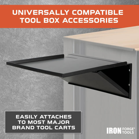 Universal Tool Box Side Shelf Tray, 16x12 Inch Folding Accessory for Tool Carts, Workbenches, Vans and Vehicles, Black Powder Coated Steel, mounted.
