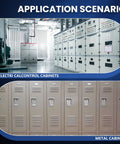 Application scenario showing electrical control cabinets and metal cabinets for using Hydraulic Knockout Punch Set 1/2 To 2 Inch For Conduit And Metal Sheet Holes, 8 Ton Alloy Steel Kit With Piston, Dies, Step Drill Bit, Draw Studs, Sealing Rings, And Heavy Duty Carrying Case.