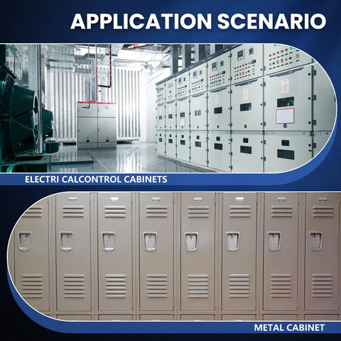 Application scenario showing electrical control cabinets and metal cabinets for using Hydraulic Knockout Punch Set 1/2 To 2 Inch For Conduit And Metal Sheet Holes, 8 Ton Alloy Steel Kit With Piston, Dies, Step Drill Bit, Draw Studs, Sealing Rings, And Heavy Duty Carrying Case.