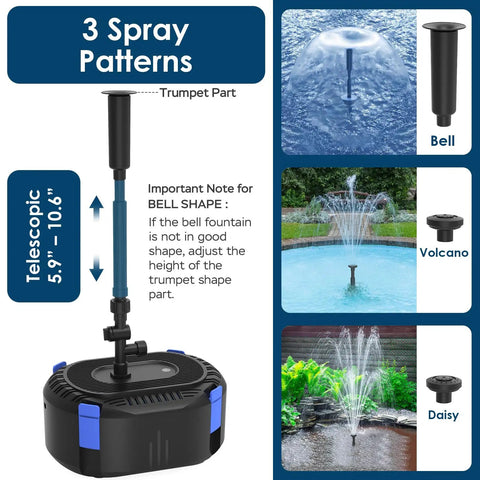 All In One Koi Pond Filter And Fountain Kit with 3 nozzles: bell, volcano, daisy for customizable outdoor water features and bird baths.