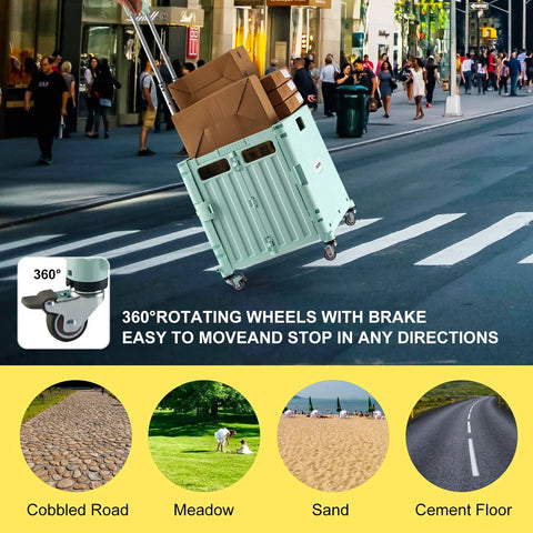MACOPRO green folding utility cart with lid and four rotating wheels carrying boxes on city street