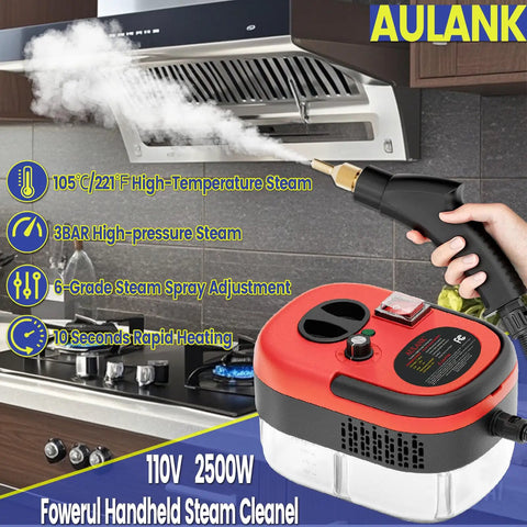 Heavy Duty Handheld Steam Cleaner With 14 Piece Accessory Kit And Six Speed Options Fast Heat Up In Just Fifteen Seconds on kitchen counter.