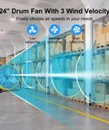 24 Inch High Velocity Drum Floor Fan With 8800 CFM For Garage, Warehouse, Workshop, Factory Or Gym, displaying airflow and speeds
