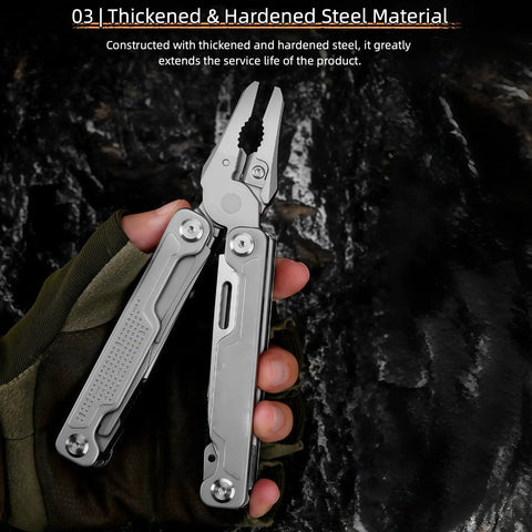 15 In 1 Multitool Pliers With Spring Loaded Head And Thick Hardened Steel Build in gloved hand against dark backdrop