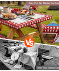 Waterproof Fitted Table Cover With Bench Covers For 72 Inch Picnic Tables, Windproof Elastic Edges For A Snug Fit, Handy Storage Bag Included, A Must Have Outdoor RV Camping Gear For 6 Ft Rectangular Tables on a picnic table.