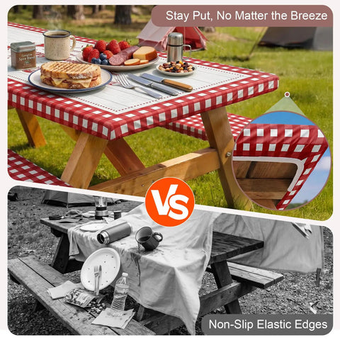 Waterproof Fitted Table Cover With Bench Covers For 72 Inch Picnic Tables, Windproof Elastic Edges For A Snug Fit, Handy Storage Bag Included, A Must Have Outdoor RV Camping Gear For 6 Ft Rectangular Tables on a picnic table.