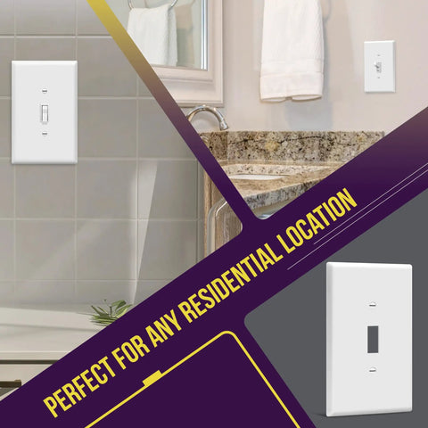 Oversized 1-Gang White Toggle Light Switch Wall Plate Jumbo 5.5 By 3.5 Inch Cover in bathroom and kitchen setting