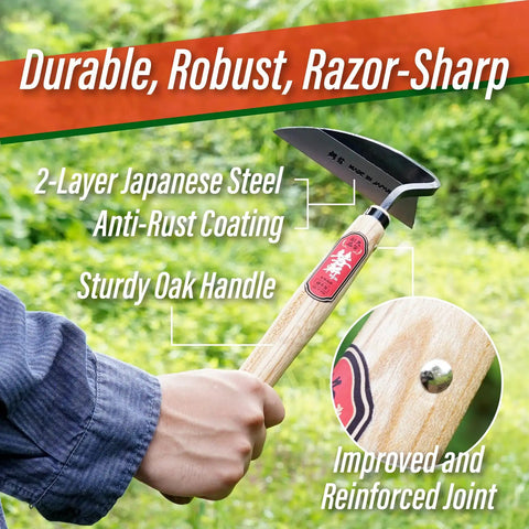 13 Inch Weeding Sickle Nejiri Kama with oak handle showing its razor-sharp blade for precise weeding in a garden setting