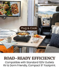 Roadready Electric Hot Plate Featuring Slick Cast Iron Cooking Surface Seven Speed Heat Dials Compact 1000 Watt Portable Burner in RV kitchen setting.