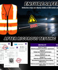 Legit Kickass High Visibility Reflective Safety Vest With Zippered Pockets And Breathable Mesh Panels in bright orange, showing reflective strips for night safety.