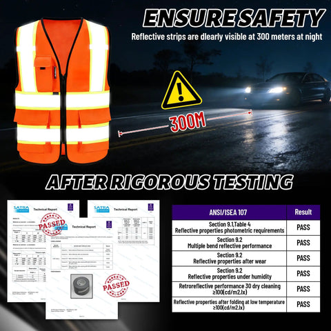 Legit Kickass High Visibility Reflective Safety Vest With Zippered Pockets And Breathable Mesh Panels in bright orange, showing reflective strips for night safety.
